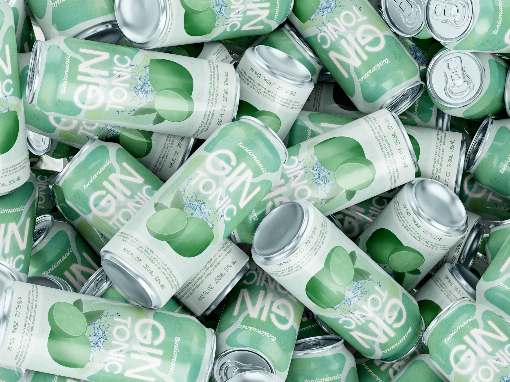 Design výrobku "Tonic manic". Plechovka alkoholického nápoje Gintonic. Na ní je umístěna ilustrace limetky, vše je sladěno na modrozelené svěží barvě. Bílý světlý název Gin tonic a minimalistické umístění loga společnosti Tonicmanic.